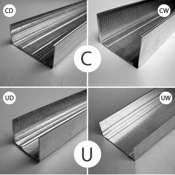 Variétés de profilés métalliques - supports (ci-dessus) et guides (ci-dessous)